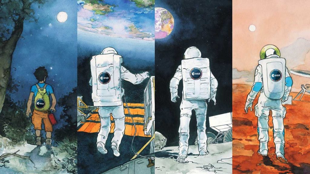 Das Bild zeigt vier Situationen: Links ein Kind, das den Himmel beobachtet, daneben drei Bilder mit je einem Astronauten in verschiedenen Situationen: Raumstation, Mond, Mars.